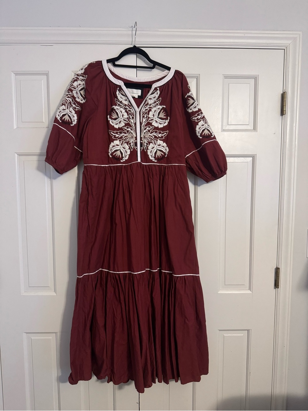Anthropologie Wine Red Embroidered Tiered Maxi Dress